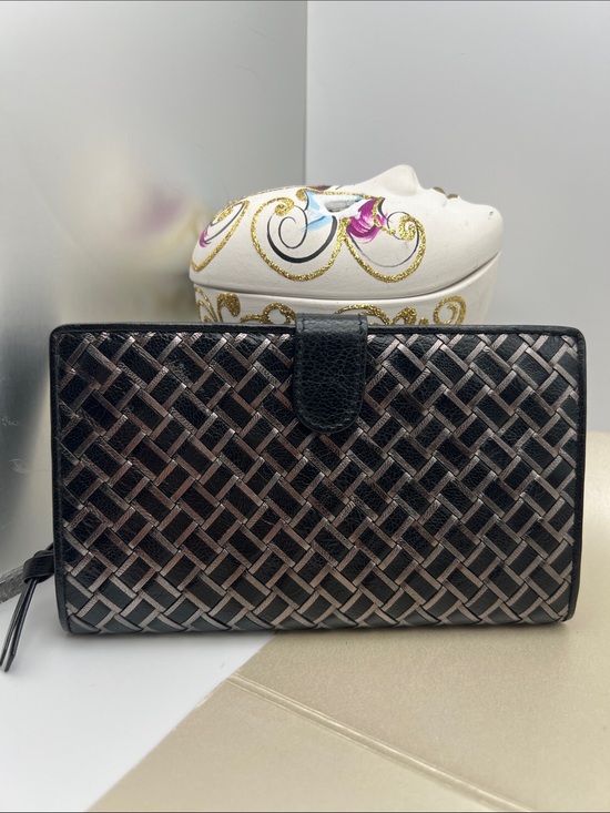 Bottega Veneta Handbags - Bottega Veneta Intrecciato Snap Closure Black/Silver Woven Leather Bifold Wallet